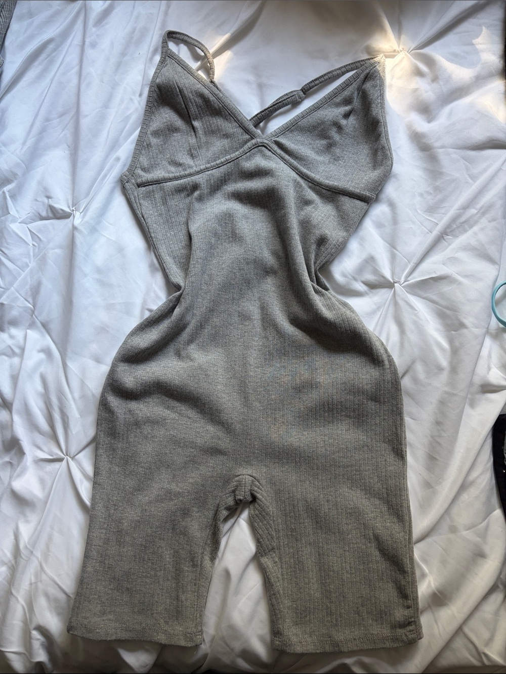 FashionNova Grey Ribbed Knit One-Piece Romper with adjustable straps